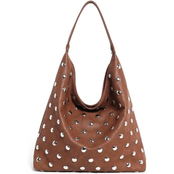 Spacious Leather Slouchy Tote for Women - Studded Vegan Handbag 36x14x25cm